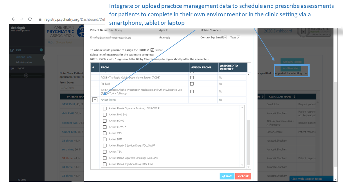 Screenshot of the PsychPRO dashboard with the text Integrate or upload practice management data to schedule and prescribe assessments for patients to complete in their own environment or clinic setting via smartphone, tablet or laptop